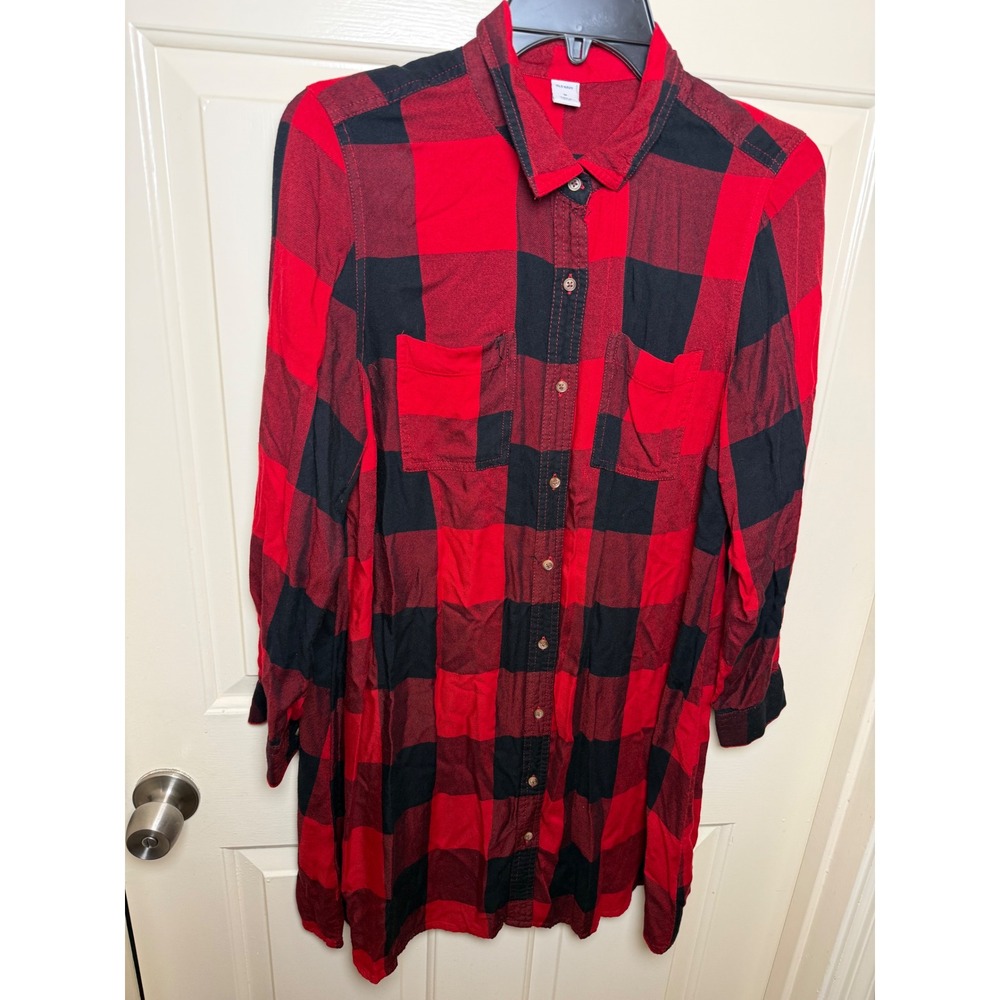 Old Navy Womens Red Black Buffalo Plaid Tunic Shirt Rayon Button Down Dress